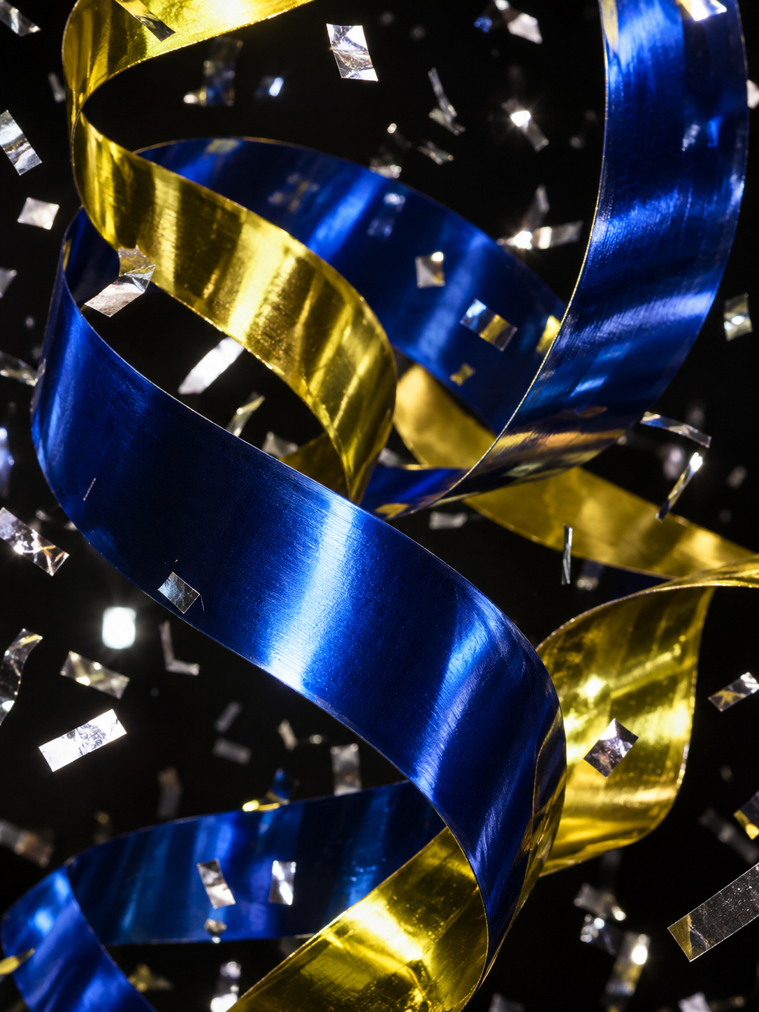 Cobalt and gold ribbons with silver confetti